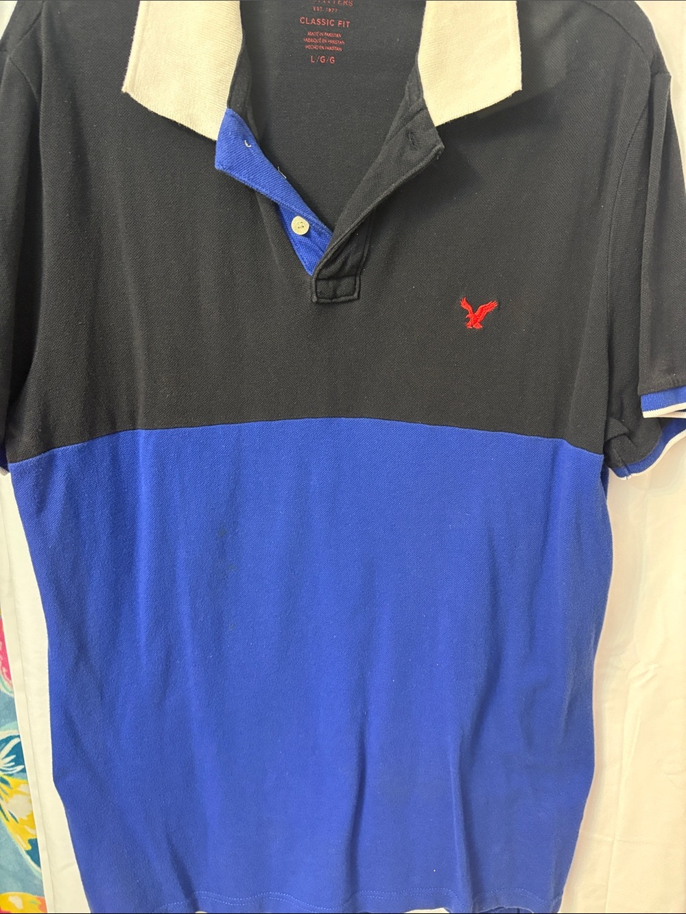 American Eagle Outfitters Black and Blue Colorblock Polo with Cream Collar